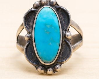 Anillo antiguo de plata de ley con turquesa: estilo suroeste, talla 7.5 (925)