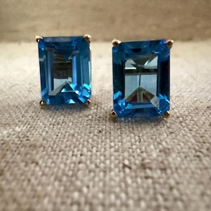 Vintage 10k Blue Topaz Stud Earrings – Swiss Blue Emerald Cut 9x7mm Yellow Gold Pierced Ears Circa 1980s Estate Fine Jewelry. December Gift