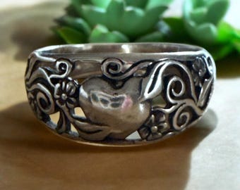 Anillo vintage de plata de ley 925 con corazón y enredaderas - Talla 7
