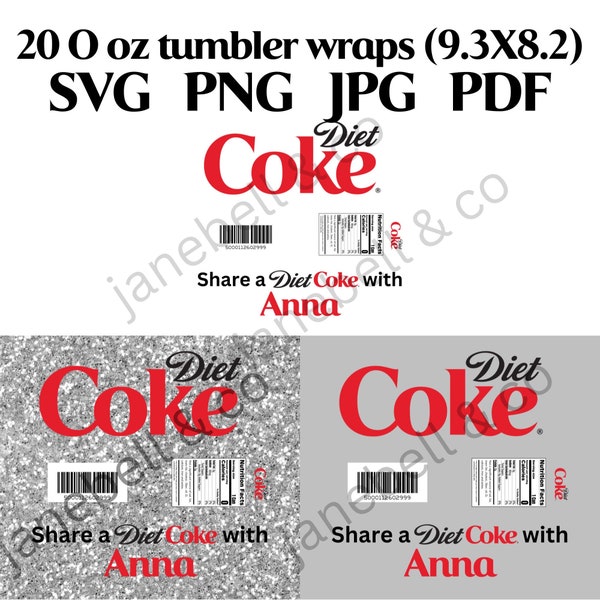 Diet Coke 20 oz Tumbler Digital Download SVG, PNG, JPEG, & Pdf | Tumbler | 9.3x8.2