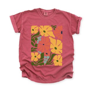Retro T-shirt met bloemen, comfortabele kleuren 1717, vintage jaren 1970 damesshirt voor tieners, retro shirt met wilde bloemen