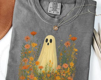 Vintage Ghost Wildflower Shirt Retro Flower Ghost Shirt Comfort Colors® Ghost Shirt Fall Halloween Floral Tee Cottagecore Ghost Plant Shirt