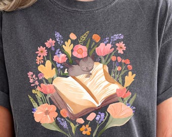 Cat Mom Shirt Cat Lover Tee Cute Book Cat Shirt Floral Book Shirt Book Lover Sweatshirt Reader Bookish Tee Cat Themed Gifts For Women Floral