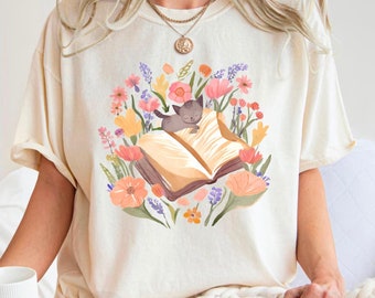 Cat Mom Shirt Cat Lover Tee Cute Book Cat Shirt Floral Book Shirt Book Lover Sweatshirt Reader Bookish Tee Cat Themed Gifts For Women Floral