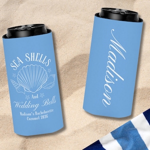 Custom Bachelorette Can Coolers Seashells And Wedding Bells Coastal Bach Can Cooler Personalized Girls Weekend Trip Favors Custom Can Cooler