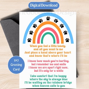 Carte de sympathie pour animal de compagnie, poème Rainbow Bridge, carte de perte de chien, carte de perte de chat, cadeau commémoratif de décès de chien, carte de perte de chat, carte de poème de condoléances, perte d'un animal de compagnie