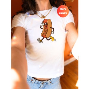 Hotdog Shirt Coquette 4th of July Baby Tee Coquette Flag Day Crop Top 4th Of July Y2K Slogan Baby Tee Downtown Girl Cropped Tee Y2k Hot Dog