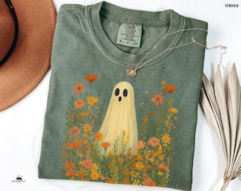 Vintage Ghost Wildflower Shirt Retro Flower Ghost Shirt Comfort Colors® Ghost Shirt Fall Halloween Floral Tee Cottagecore Ghost Plant Shirt