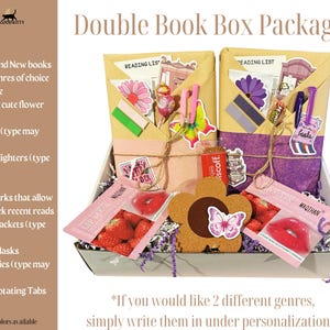 May include: A double book box package with two books wrapped in brown paper, a flower coaster, two pens, two highlighters, seven stickers, four bookmarks, two tea packets, two lip masks, two candies, and four annotating tabs. The box is filled with purple and white shredded paper. The text on the box says "Double Book Box Package".