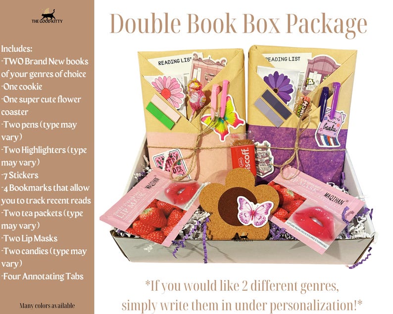 May include: A double book box package with two books wrapped in brown paper, a flower coaster, two pens, two highlighters, seven stickers, four bookmarks, two tea packets, two lip masks, two candies, and four annotating tabs. The box is filled with purple and white shredded paper. The text on the box says "Double Book Box Package".