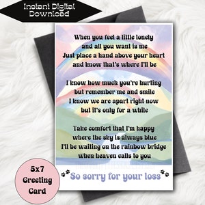 Carte de sympathie pour animal de compagnie, poème Rainbow Bridge, carte de perte de chien, carte de perte de chat, cadeau commémoratif de décès de chien, carte de perte de chat, carte de poème de condoléances, perte d'un animal de compagnie