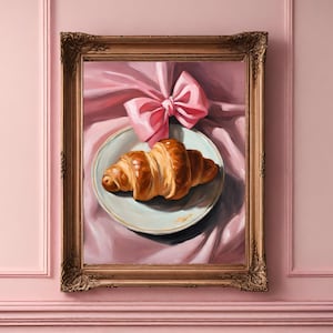 Croissant With Bow Pink Coquette Wall Art Preppy Soft Girl Pink Bow Soft Aesthetic Apartment Print Kitchen Painting Poster Trendy French Art