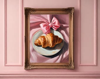 Croissant With Bow Pink Coquette Wall Art Preppy Soft Girl Pink Bow Soft Aesthetic Apartment Print Kitchen Painting Poster Trendy French Art