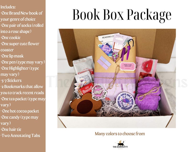 May include: A book box package with a variety of items, including a book, socks, a cookie, a flower coaster, a lip mask, a pen, a highlighter, stickers, bookmarks, tea, hot cocoa, candy, a hair tie, and annotating tabs. The box is decorated with a purple and white floral pattern. The text "Book Box Package" is printed on the box.