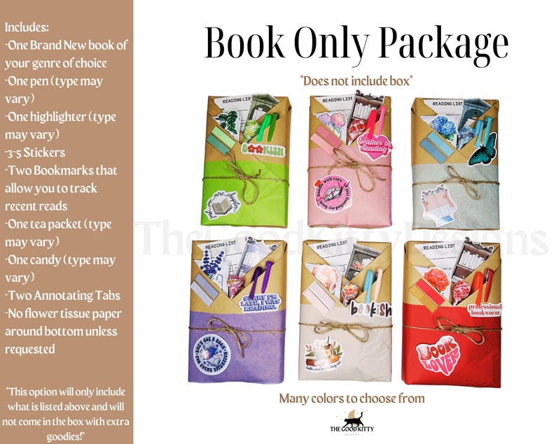 May include: Book Only Package, a gift set for book lovers, includes a new book, pen, highlighter, stickers, bookmarks, tea packet, candy, and annotating tabs. The package is wrapped in brown paper with various colors and designs. "Does not include box" is written on the image.