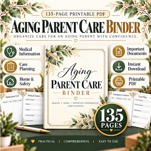 Könnte beinhalten: Ein 135-seitiger, druckbarer PDF-Ordner zur Pflege alternder Eltern mit einem cremefarbenen Einband und grünen Blattillustrationen. Der Ordner enthält Abschnitte für medizinische Informationen, Pflegeplanung, Haussicherheit und wichtige Dokumente.