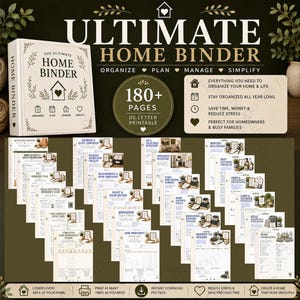 May include: A white binder titled The Ultimate Home Binder with a dark green background featuring text and icons. It includes over 180 printable US letter pages for home organization, planning, and management, displayed as a collection of documents.