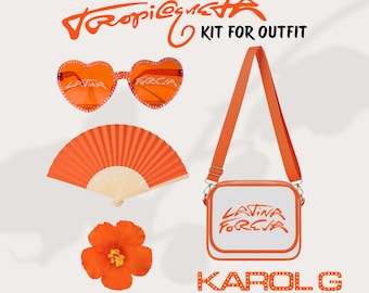 Tropicoquet Concert Outfit Kit – Krol G - Clear Stadium Bag, Rhinestone Sunglasses, Hand Fan & Flower Hair Clip – Latin Concert Accessories