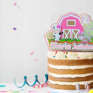 Topper de bolo de animais de fazenda rosa arquivo de corte SVG - festa de aniversário SVG - personalizado, editável com fonte incluída