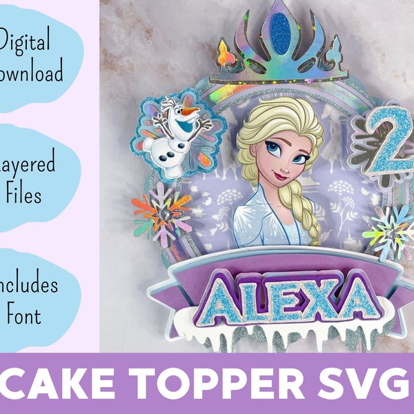 Princesse Elsa Cake Topper SVG - Snow Queen Birthday Party Decor - Elsa SVG pour la décoration de gâteau