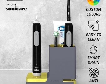 オーラルBとソニッケアー用電動歯ブラシホルダー｜汚れ防止ストッパーと排水トレイ付き充電器スタンドオーガナイザー