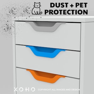May include: White chest of drawers with three drawers and colourful handles. The top drawer has a grey handle, the middle drawer has a blue handle, and the bottom drawer has an orange handle. The text "DUST + PET PROTECTION" is at the top of the image.