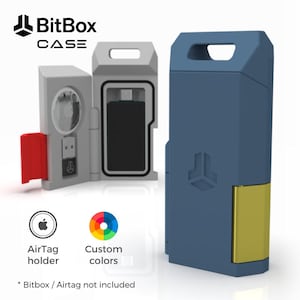 May include: A BitBox CASE in a modern design, shown open and closed. The case is primarily blue with a gold accent. The open case reveals a compartment for a device. The image also shows an AirTag holder and custom colours.