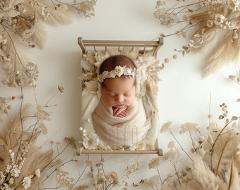 Boho Neugeborenen Digital Backdrop, Neugeborenen Fotografie, Pampas Hintergrund für Kinder, Neugeborenen Kulisse