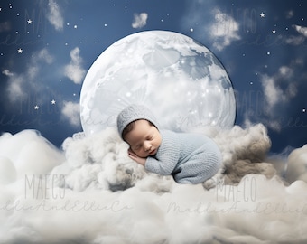 Fond de photographie nouveau-né lune, toile de fond numérique nouveau-né, fond de rêve