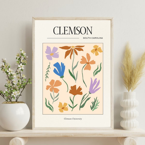 Blooming Clemson Tigers Floral Poster - Wall Art Digital Print - Dorm Decor