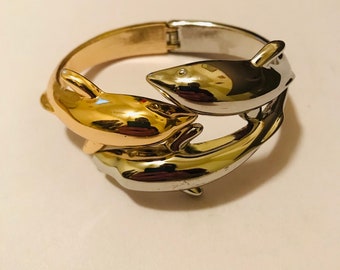 Unique Tiffany ? Two Tone Yellow Gold Silver Dolphin Hinged Cuff Bracelet Fine Jewelry Old Nice Woman’s Jewelry Collectible Used Jewellery