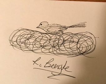 Originele zwarte pentekening op papier van een vogel in zijn nest Schets Zeer mooie natuurtekening Dier Uniek Mooi Goede weergave Nieuw