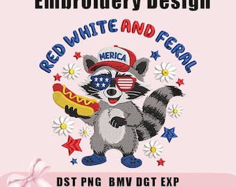 Rot, Weiß und Wildes Design, 4. Juli Stickerei Design, lustige Waschbär Stickerei Design, Gedenktag Stickerei 3 Größe, Stickdatei