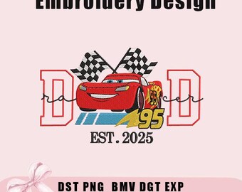 May include: Embroidery design featuring a red race car with the number 95, checkered flags, and the word "DAD" in a stylized font. The text "EST. 2025" is also included. The design is on a light pink background.