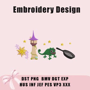 May include: Embroidery design featuring a cartoon tower with a purple roof, a green chameleon, a frying pan, and a sun. The design includes the text "Embroidery Design" and file type abbreviations.