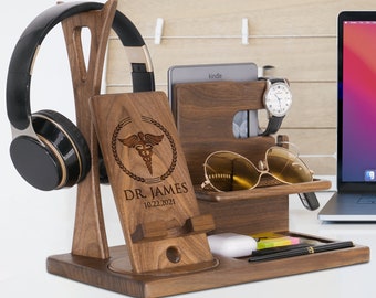 Personalized Desk, Nightstand Organizer for Doctor, Nurse, Docking Station with Headphone Stand on Birthday, Retirement, Christmas Gift