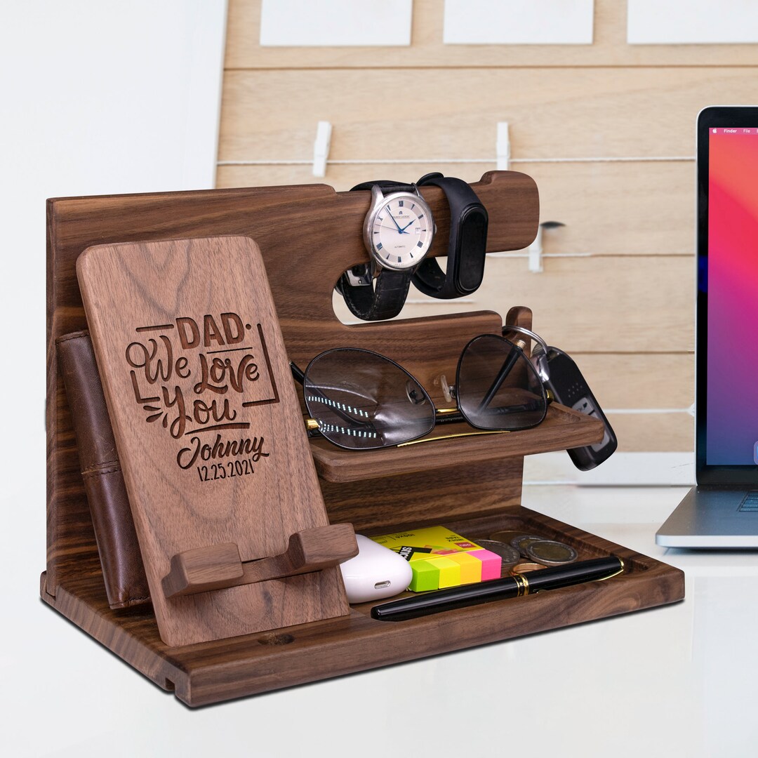 Personalized Desk, Nightstand Organizer for Dad, Father Walnut Docking