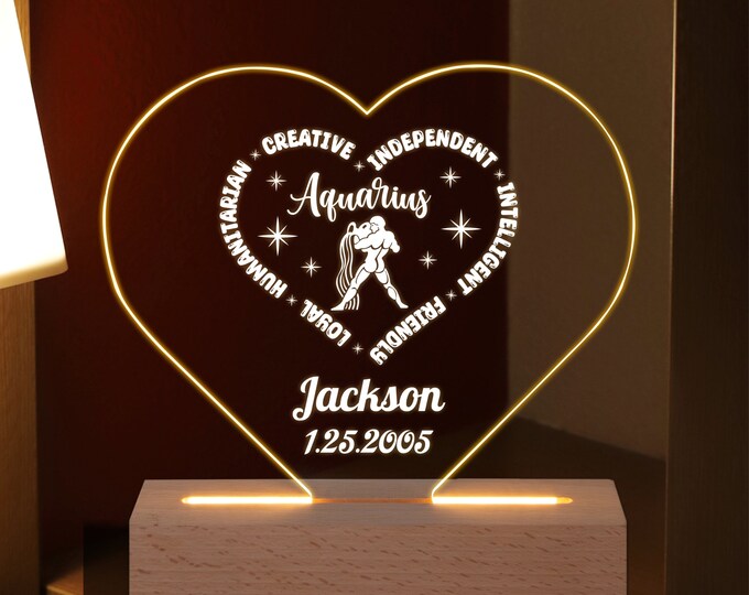 Personalized  Aquarius Zodiac  Night Light - Perfect Birthday Gift for Her, Him - Horoscope Custom Lamp - Bedroom Decor