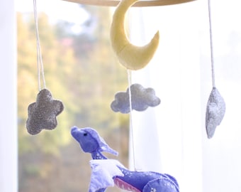 Handmade Felt Dragon Moon & Stars Baby Mobile – Fantasy Magical Nursery Decor Glitter Sparkle