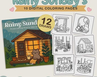 Könnte beinhalten: Ein digitales Malbuch mit dem Titel "Rainy Sunday's" mit 10 Seiten. Das Cover zeigt eine gemütliche Illustration einer Katze, die vor einer Hütte sitzt. Enthält 12 Zeichenseiten. Zusätzliche Illustrationen von gemütlichen Szenen sind ebenfalls abgebildet.