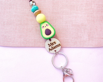 Personalisiertes Lehrer-Lanyard mit Avocado-Anhänger, individueller Namensschildhalter, Perlen-Lanyard