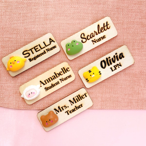 Cute Animals Wooden Name Badge Tag / Personalized 3D Bear, Chick, Frog, Sheep, Tiger Name Badge / Custom Made School or Nurse Name Tag