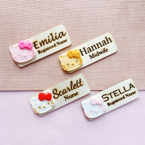 Adorable Kitty Wooden Name Badge Tag / Personalized 3D Cat, Kitten, Kitty Name Badge / Custom Made School or Nurse Name Tag