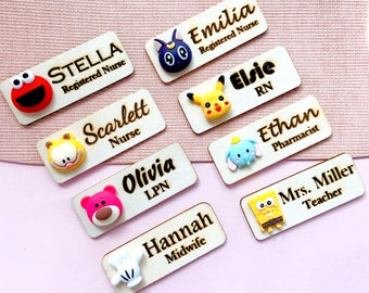 Cartoon Wooden Name Badge Tag/ Personalized 3D Animals Name Badge / Custom Made School or Nurse Name Badge
