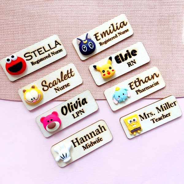 Cartoon Wooden Name Badge Tag/ Personalized 3D Animals Name Badge / Custom Made School or Nurse Name Badge