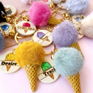 Personalized Ice Cream Keychain: Custom Name Fur Pom Pom Keyring