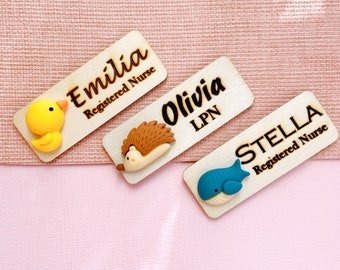 Adorable Animals Wooden Name Badge Tag / Personalized 3D Chick, Hedgehog, Whale Name Badge / Custom Made School or Nurse Name Tag