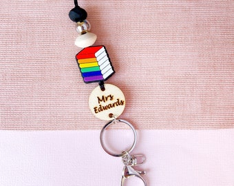 Personalisiertes Namens-Lanyard „Regenbogenbuch“, Namens-Lanyard für Lehrer