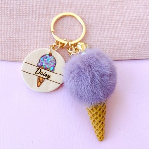 Personalized Ice Cream Keychain: Custom Name Fur Pom Pom Keyring