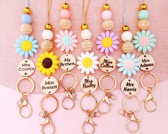 Large Daisy Personalized Name Teacher Lanyard, School Teacher Custom Name Lanyard